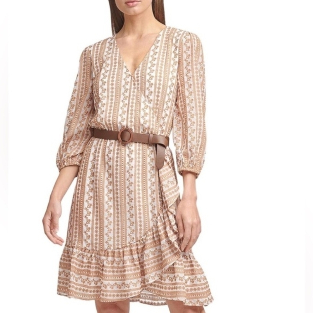 Calvin Klein V-Neck 3/4 Sleeve Belted Ruffle Dress